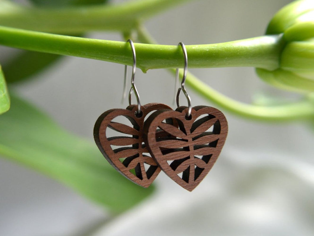 Leafy Heart Earrings in Cherry Wood